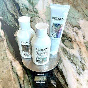Redken acidic bonding, concentrate shampoo, conditioner, and leave in treatment
